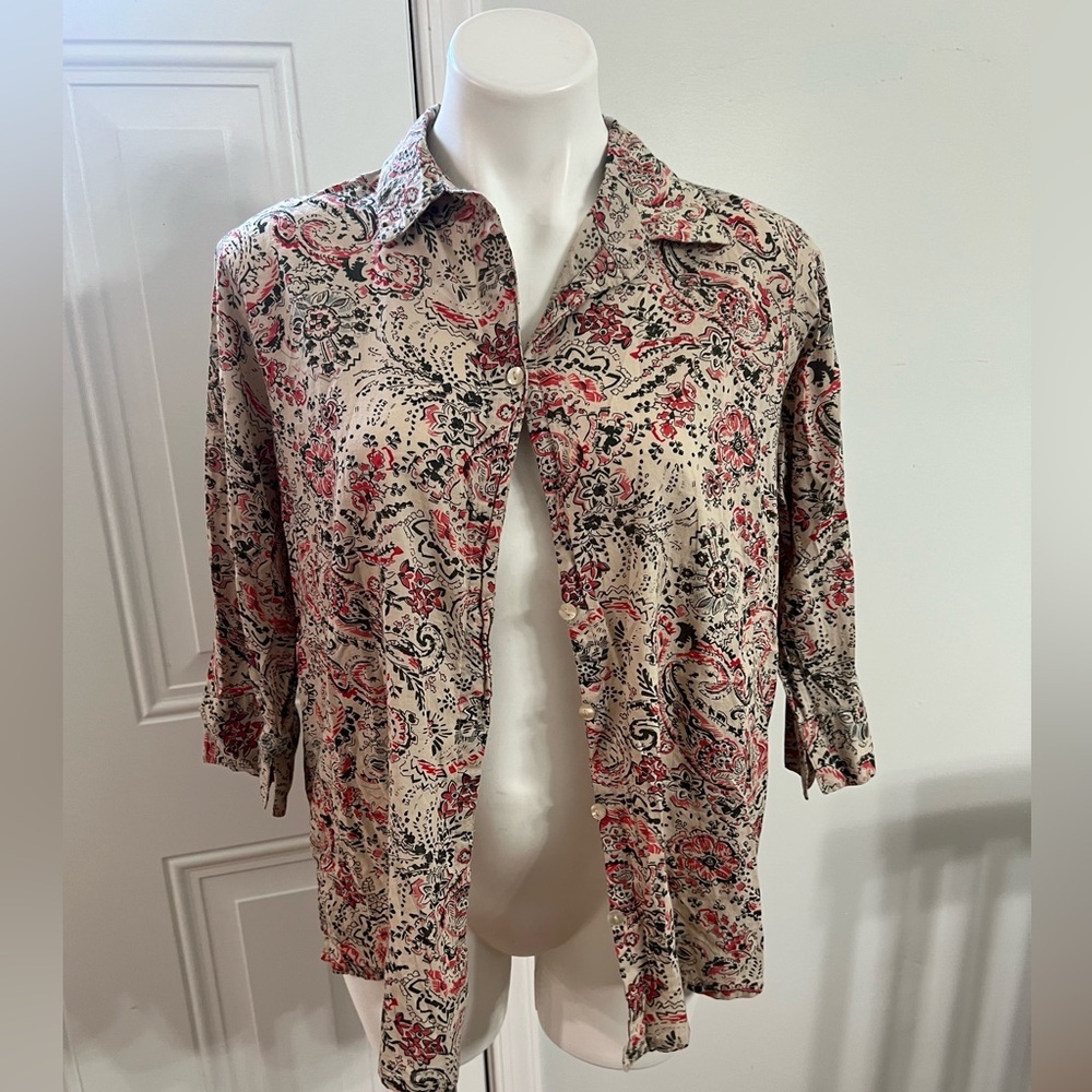 Rebecca Malone Red and Cream 3/4 Sleeve Button Down